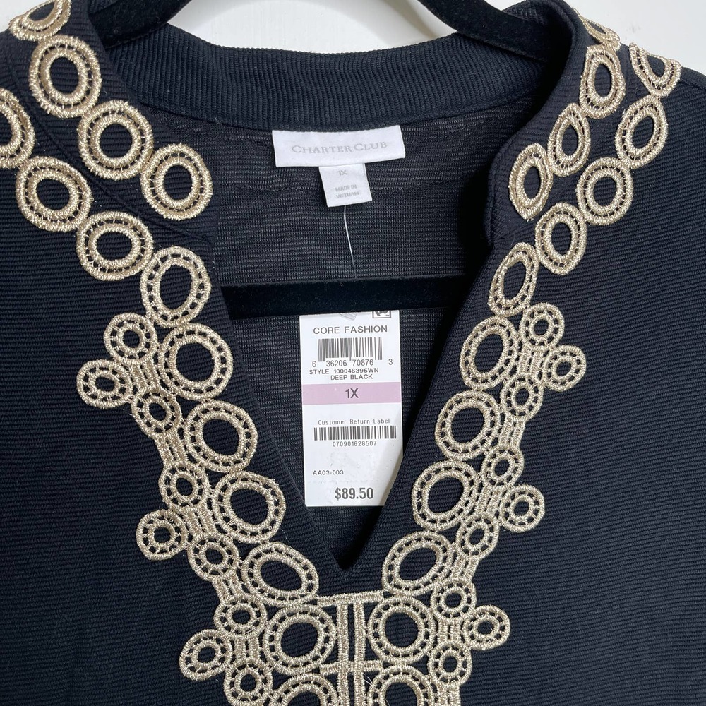 Charter Club Women's Plus Size 1x Tunic Top Black Gold Textured Ribbed 3/4 - Picture 2 of 4